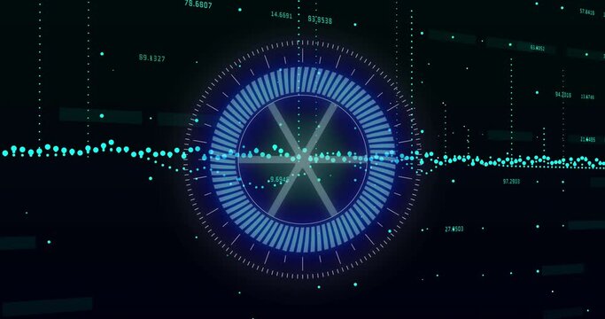 Animation of graphs with changing numbers over rotating wheel in circle on black background