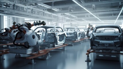 Obraz na płótnie Canvas Production of cars with the help of robots in the factory. AI generated