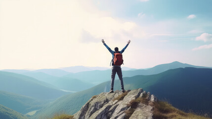 Happy man with open arms jumping on the top of mountain - Hiker with backpack celebrating success outdoor - People, success and sport concept