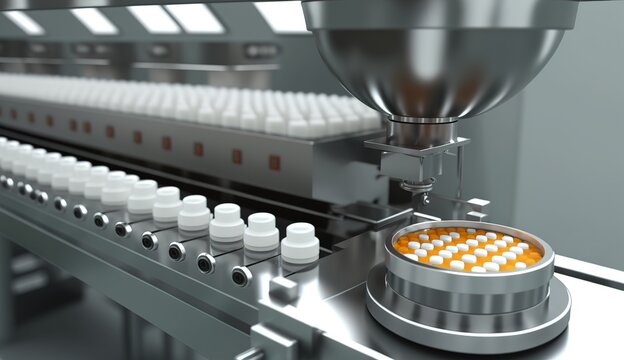 Pharmaceutical company production line, production of tablets. AI generated