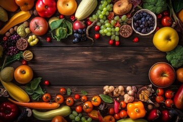 Top view of fruits and vegetables at the edge of the frame, empty in the middle, mockup ai generative illustration