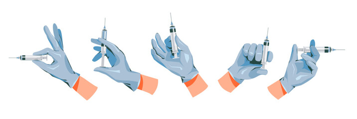 World Immunization. Hand with syringe set. Syringe with vaccine. Cartoon vector flat illustration.