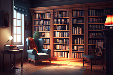 Interior bookshelf room library. Generative Ai