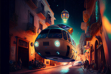 Vanlife roadtrip with a surreal, psychedelic, hippie camper van in the medina of an oriental old town. Created with Generative AI technology.
