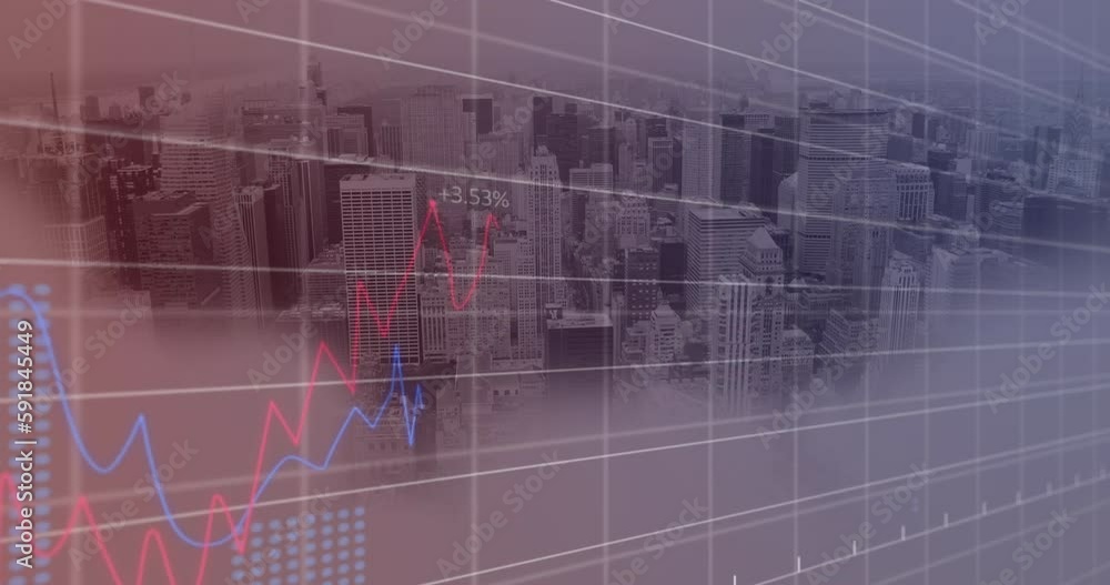 Poster animation of statistical data processing over grid network against aerial view of cityscape