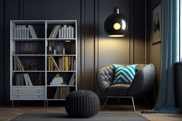 Interior of modern room with bookcase, pouf and lamp. Generative Ai