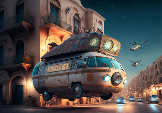 Vanlife roadtrip with a surreal, psychedelic, hippie camper van in the medina of an oriental old town. Created with Generative AI technology.