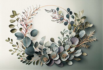 watercolor wreath foliage green natural eucalyptus round delicate leaf leaves organic spring summer bouquet. Generative AI