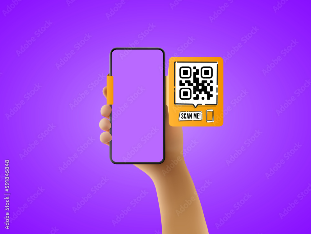 Poster a vector cartoon hand is holding a black smartphone with a qr code and 