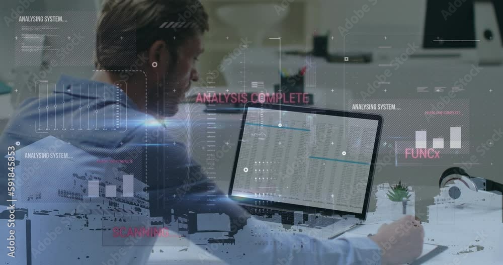 Poster animation of statistical data processing over caucasian man using laptop and taking notes at office