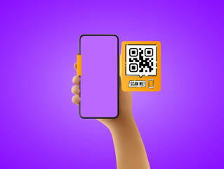 A vector cartoon hand is holding a black smartphone with a QR code and 