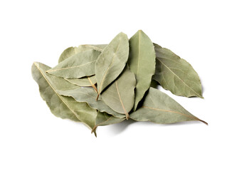 Pile of aromatic bay leaves on white background