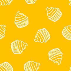 Yellow seamless pattern with white cupcake