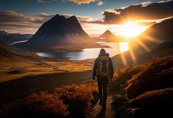 Silhouette of a traveler on the background of the mountains where the sun sets. AI genarated