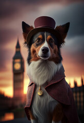 Gentleman dog walking in London. AI genarated - obrazy, fototapety, plakaty