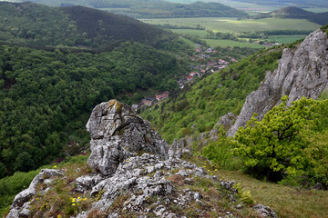 Obraz premium Panoramic view of rocks and hills covered with green trees