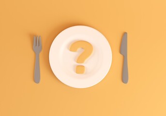 3d question mark on white plate with fork and knife isolated on orange background. top view serving. 3d render