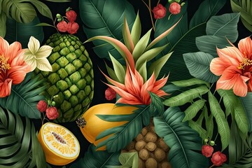 Fototapeta premium tropical plants and fruit on a dark background. Generative AI