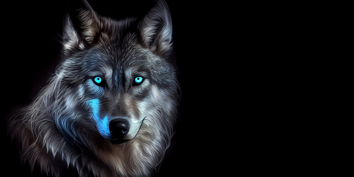 Mystical wolf with glowing eyes, in space style, on a black background with free space for any inscription or text. Generative AI