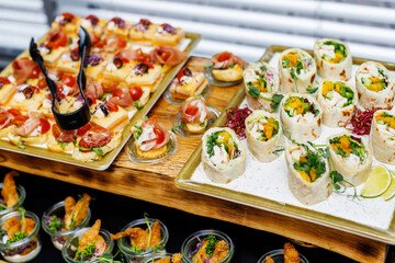 Assortment of snacks on the hotel buffet table.