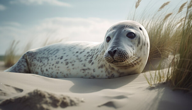 Seal in a sand dune by the coast of Denmark surrounded by lyme grass. AI generated