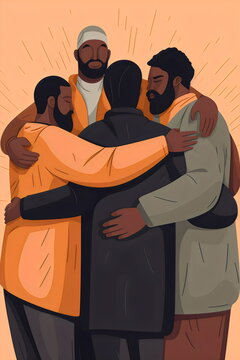 group of poc men hugging on orange, illustration made with generative ai