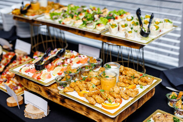 Assortment of snacks on the hotel buffet table.