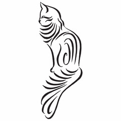illustration of a sitting stripes cat isolated. Stylized cat linear drawing. Hand drawn illustration. Cat silhouette drawing by hand. Vector image. Tattoo design.