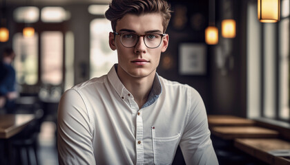 Fototapeta premium Male model portrait, looking good with a trendy haircut. AI generated