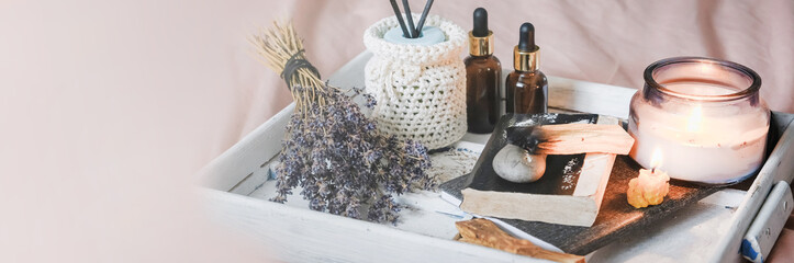 Wellness, health mental.Girl meditates yoga at home with aromatherapy palo santo Care, Wellness , meditation, spa, relax occultism, spiritual cleansing.