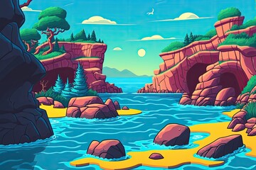  serene landscape painting featuring a river, rocks, and trees. Generative AI