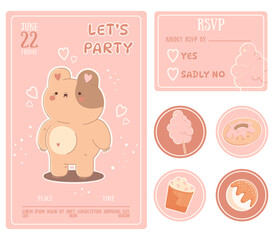 Party invitation vector template, birthday, Rsvp and stickers. Template with cute teddy bear and sweets.