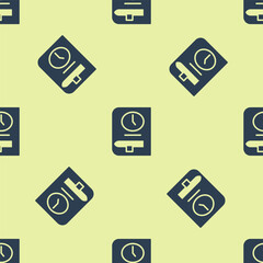 Blue Time for book icon isolated seamless pattern on yellow background. Vector