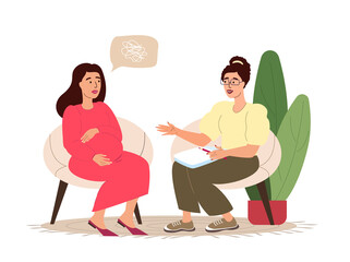 Psychological Help for Pregnant. Woman Visit Support Course,Consultation with Psychologist.Childbirth Psychology Assistance,Female Couch Speak About Pregnancy and Maternity.Flat Vector Illustration