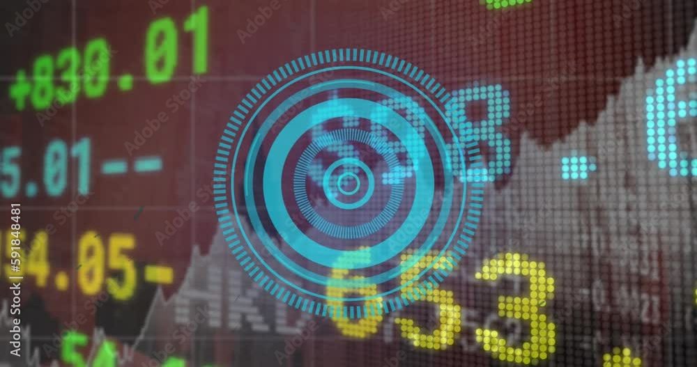Poster animation of round scanner over stock market data processing against grey background