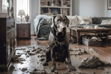 muddy dog sitting in mess in lounge room, made with generative ai