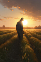 Young farmer working in the field at sunset. AI generated