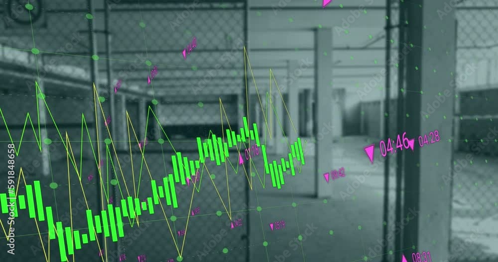 Poster animation of financial data processing over empty car park