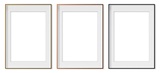 Set of vertical picture frames on transparent background, as png. Golden, copper and black frames with passepartout. Template, mock up for your picture, poster, artwork presentation. 3d render.