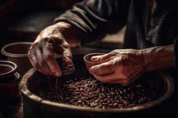 old man's hands hold black coffee. scattered on the table. bag with grains on a dark background. ai generative