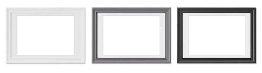 Set of horizontal picture frames on transparent background, as png. White, gray and black frames with passepartout. Template, mock up for your picture, poster, artwork presentation. 3d render.