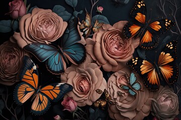 roses and butterflies on a black background. Generative AI