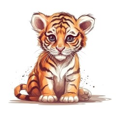 Cute Baby Tiger On White Background Logo Digital Art. Generative AI
