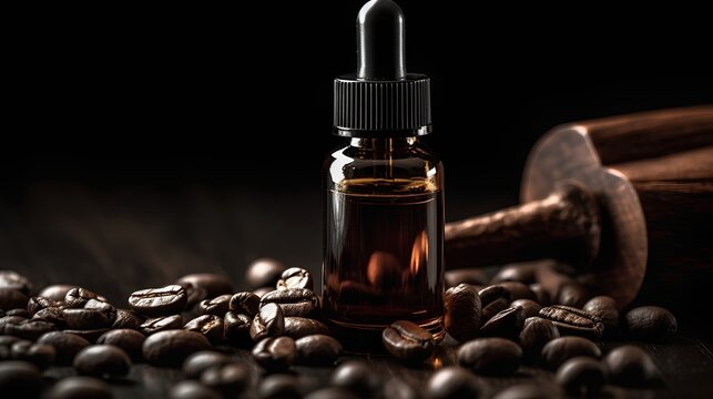 Skincare caffeine eye serum. Product bottle and coffee beans on a dark background. Natural, organic, and vegan product. Firming, hydrating, and anti aging properties. Generative AI