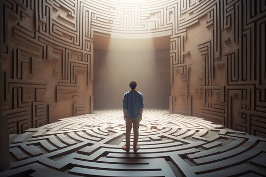 Concept of finding right choice in life, Man in maze is looking for exit. Figure of man in labyrinth, Generative AI