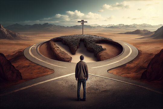 man standing at crossroads. Concept of choice, Generative AI