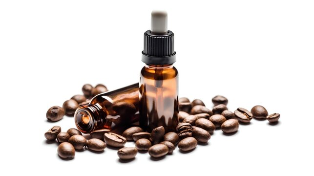 Skincare caffeine eye serum. Product bottle and coffee beans on a white, isolated background. Natural, organic, and vegan product. Firming, hydrating, and anti aging properties. Generative AI
