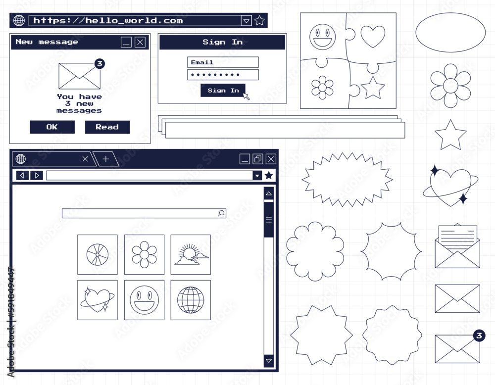 Aufkleber set of various user interface elements and stickers. nostalgic retro y2k old computer style. web bro
