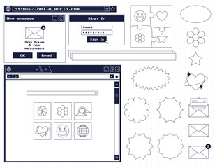 Set of various user interface elements and stickers. Nostalgic retro y2k old computer style. Web browser window, new notification message, search bar, authorization window. Vector illustration.