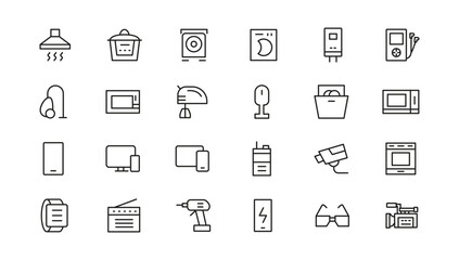 Household appliances vector icon set such as toaster, blender, hairdryer, electric range, video and photo camera. Editable line icon collection